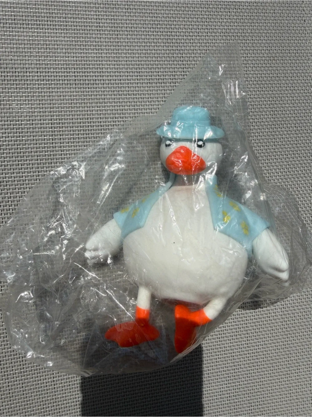 White Duck Pet Squishy Toy with Blue Jacket and Orange Beak